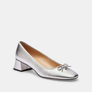 Coach Ava Ballet Pump Women Size 9 Silver Metallic Leather Walkable Block Heel